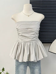 French One Shoulder Pleated Slim Tube Top Women Sexy Waist Ruffled Sleeveless Vests Summer Y2k Solid All Match Tanks