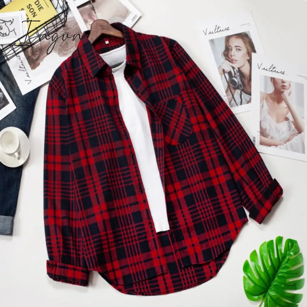 Ingvn - Plaid Shirts Womens Blouses Long Sleeve Lady Checked Tops Loose Female Outwear Casual Clothes Spring Autumn News