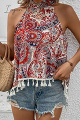 Ingvn - Bohemian Vintage Geometric Print Tassel Asymmetrical Halter Tops