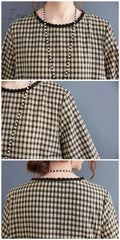 Ingvn - 2023 New Fashion Plaid Patchwork Lace Long Sleeve Autumn Dress Cotton Linen Office Lady Work Dress Women Casual Spring Dress