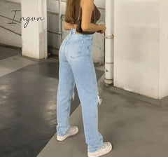 Ingvn - Womens Loose Fit Jeans Ripped Wide Leg For Women High Waist Blue Wash Casual Cotton Denim Trousers Summer Baggy Jean Pants