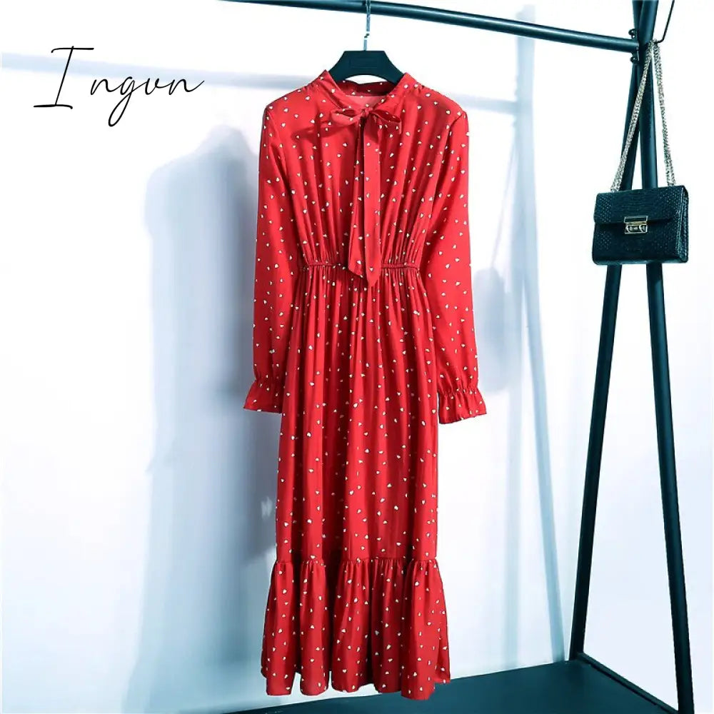 Ingvn - 11 Style Beautiful Fashion Summer Women Long Sleeve Dress Retro Collar Casual High Waist Dresses Floral Print Chiffon Clothing