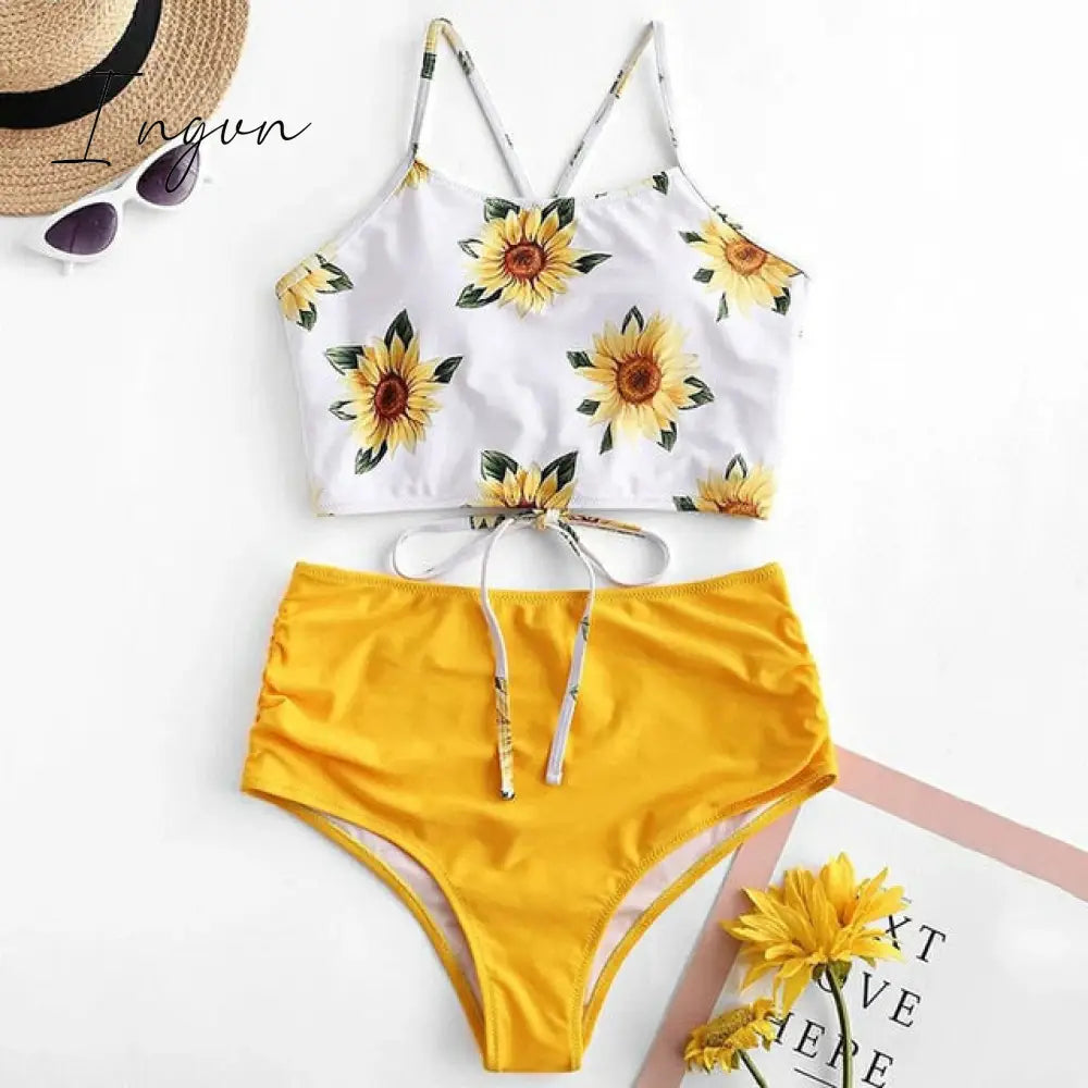 Ingvn - High Waist Bikini Leopard Swimsuit Women Bikini Floral Swimsuit Print High Neck Bikini Push Up Swimwear Snake Bathing Suit