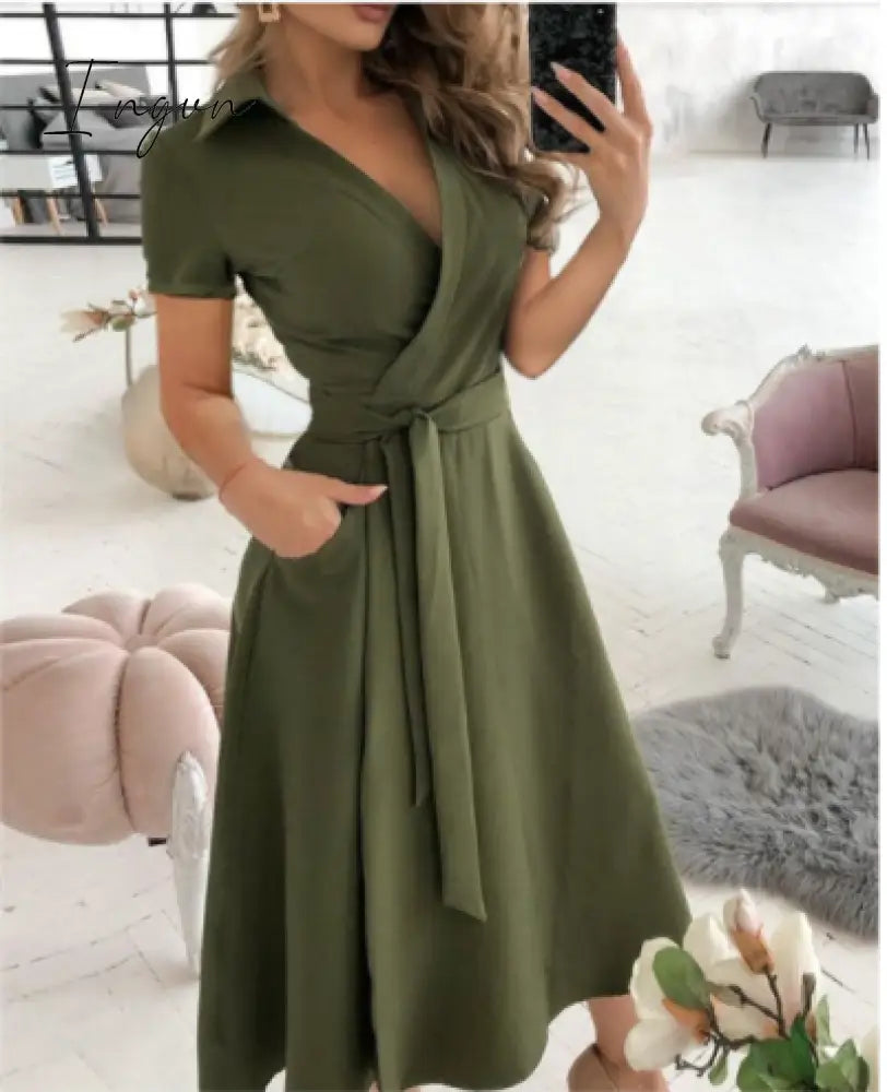 Ingvn - Spring and summer fashion plus size ruched dress long-sleeved V-neck print bag hip dress women's clothing dress for women