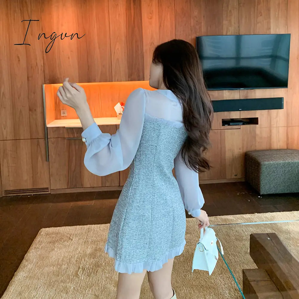 Ingvn - New Spring Vintage Sexy See-through Chiffon Patchwork Tweed Mini Dress Women Ribbon Bow Single-breasted Long Sleeve Party Dress