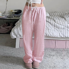 Drawstring Low Rise Pink Casual Pants y2k Basic See Through Pants y2k Aesthetic Straight Trousers for Women Korean Style