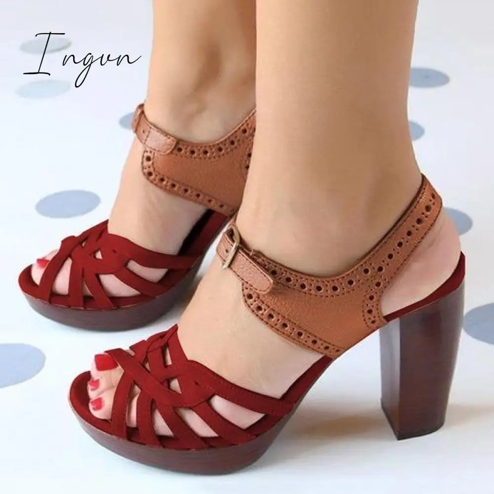 Ingvn - Peep Toe Chunky Heel PU Casual Buckle Sandals