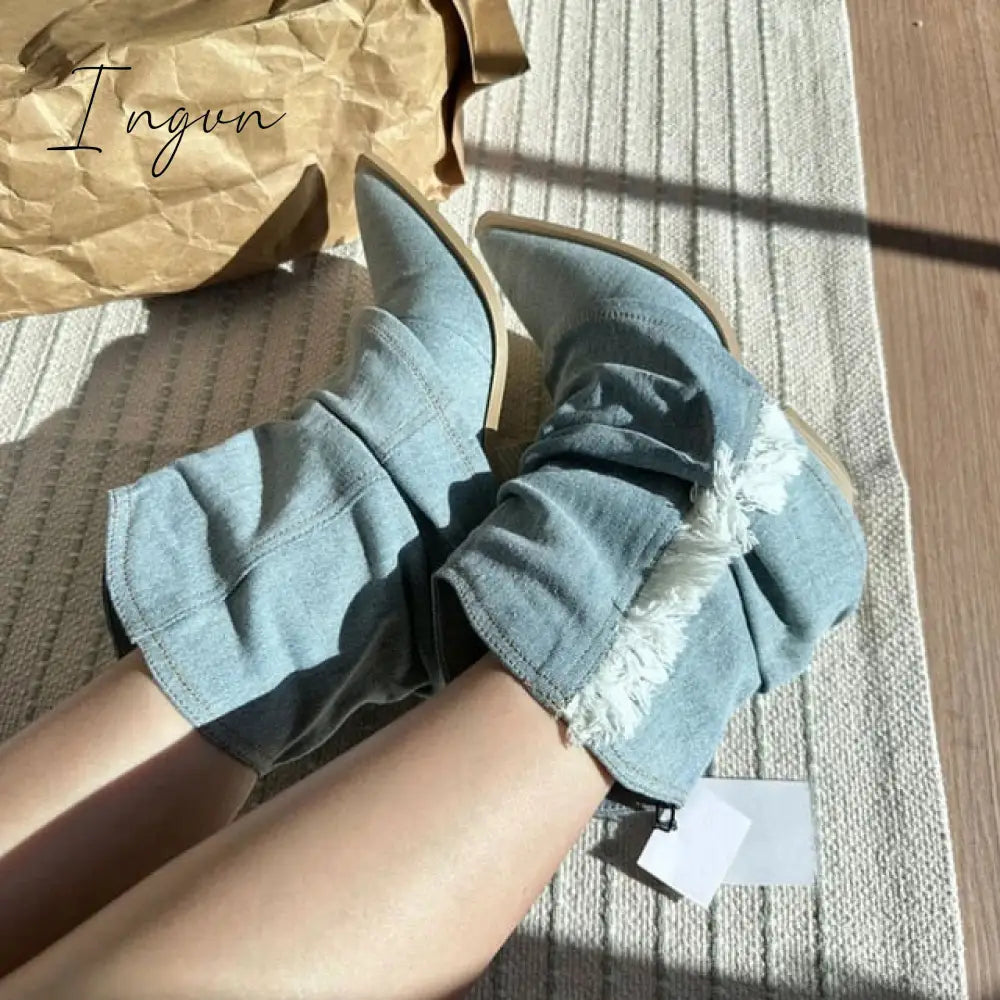 Ingvn - Pleats Blue Denim Thigh High Boots for Women 2023 Autumn Thick Heeled Pointed Toe Cowboy Boots Woman Slip On Western Long Boots