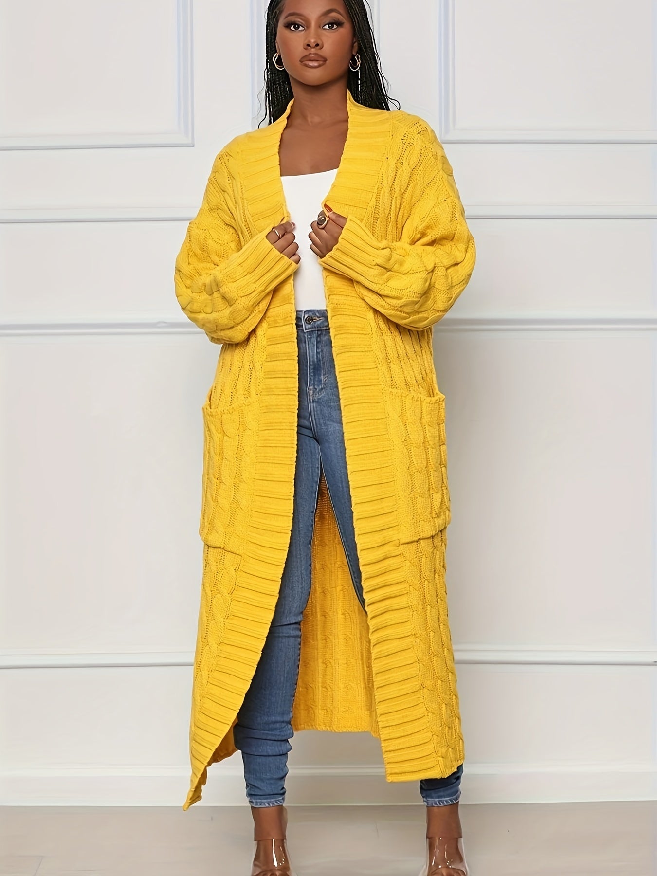 Elegant Long Sleeve Halter Neck Cardigan – Winter-Warm Knit Sweater with Pockets for Women, Durable & Easy Care
