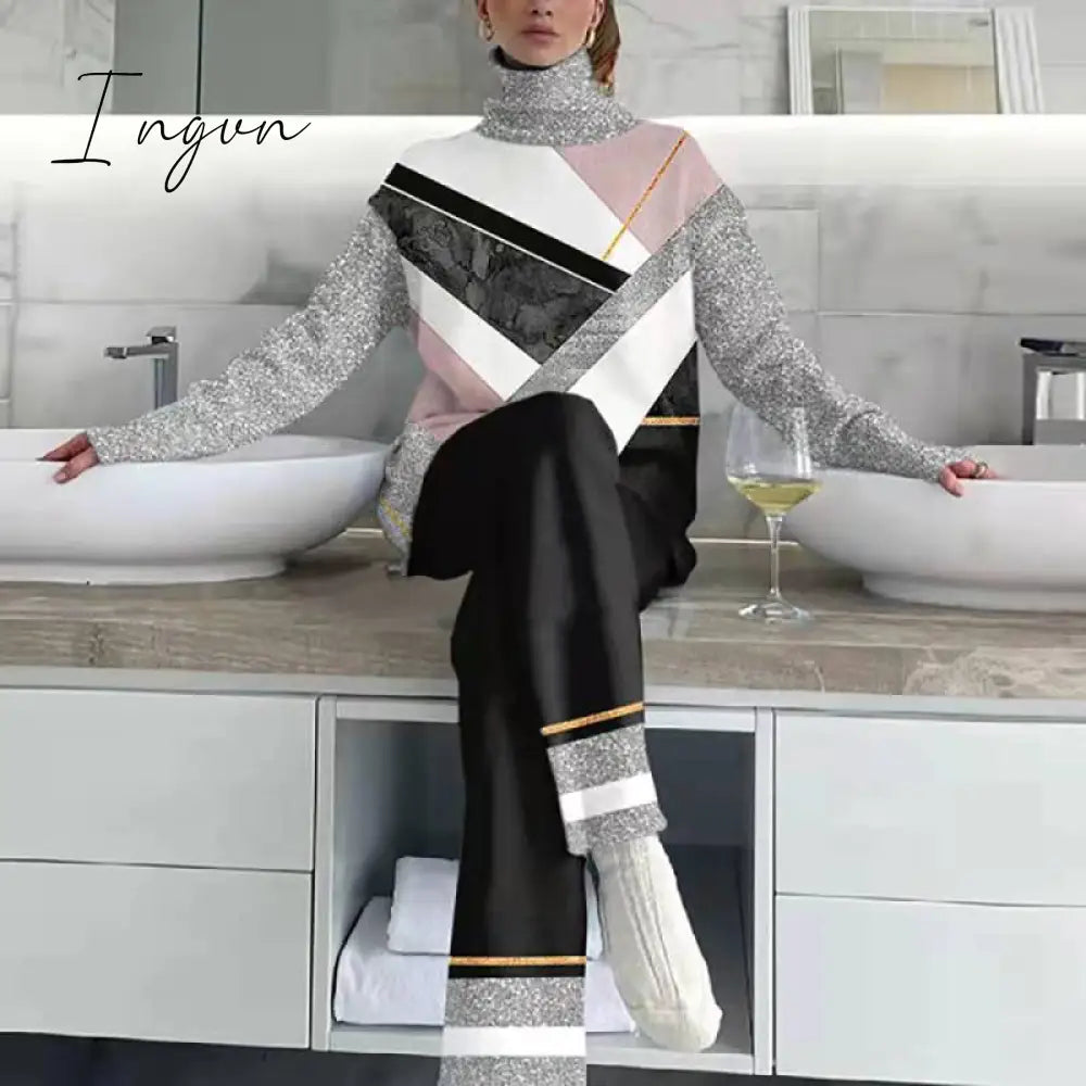 Ingvn - Oversized Turtleneck Tops Loose Long Trousers Set Women Streetwear Casual Pants Two Piece Set Femme Warm Long Sleeve Pants Suit