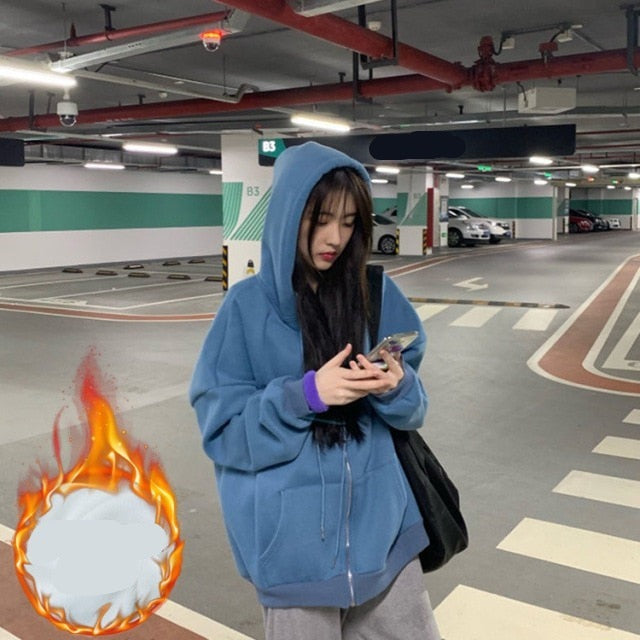 Autumn Winter Girl Korean Version Oversized Hoodies Street Style Letter Embroidery Sweatshirt Fleece Thick Pullover Tops Femmes
