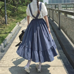 Ingvn - Spring Midi Skirt For Women Spring Summer Japanese Style Kawaii Lolita Skirt Teens Soft Girl High Waist Ruffles Suspender Skirts rok
