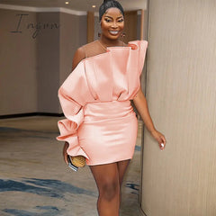 Ingvn - Women Pink Dress Party Ruffle Stylish Occasion Celebrate Sleveless Mesh Patchwork Elegant Slim Summer Homecoming Robe Gowns