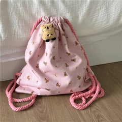 Ingvn  Strap Pocket Drawstring Backpack for Women Casual Cute Pattern Versatile Backpack Canvas Bag Student Backpack