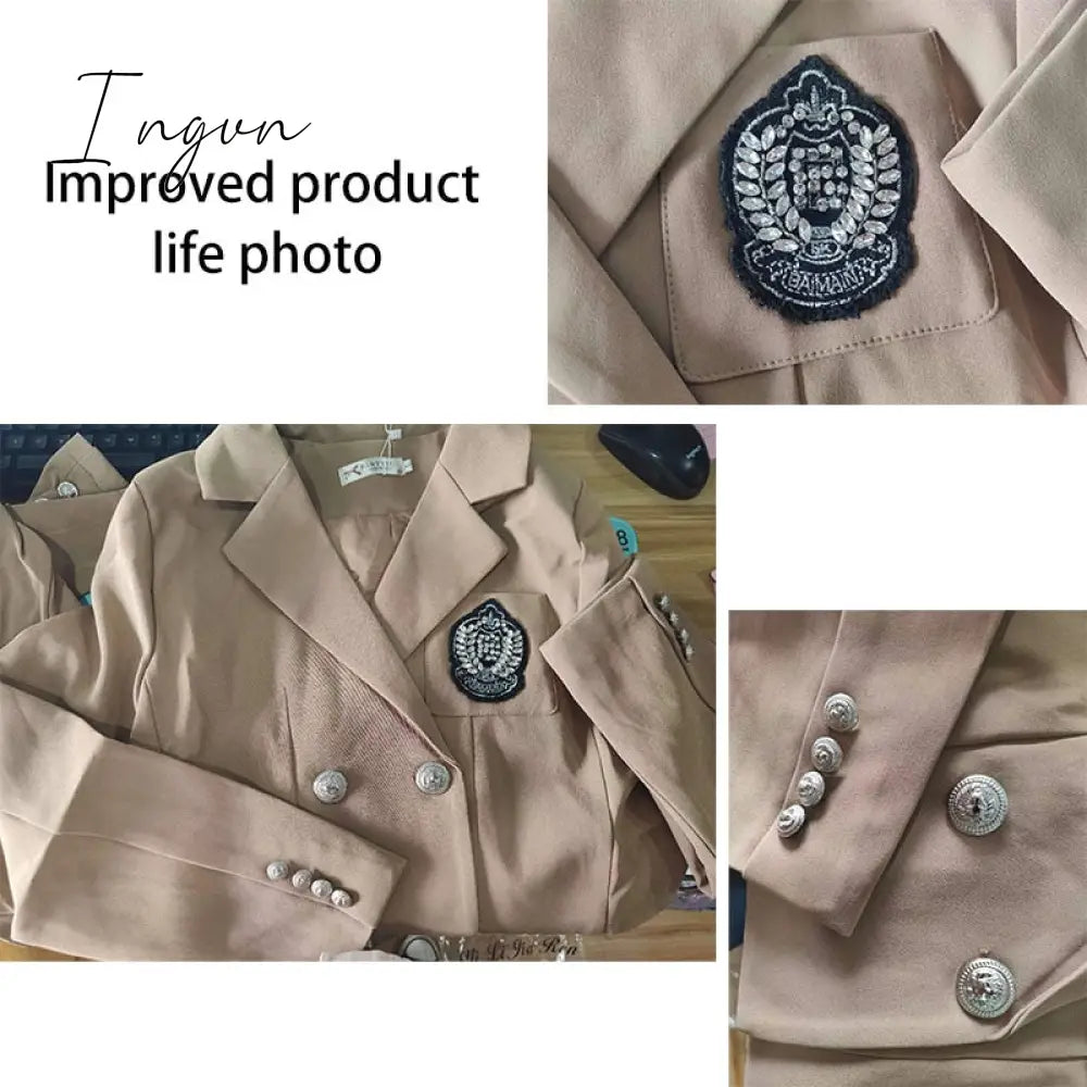 Ingvn - JK Blazer Skirt Set Female Short Suit Jacket + Pleated Skirt Spring Autumn Professional Wear Elegant Goddess Two-piece Set