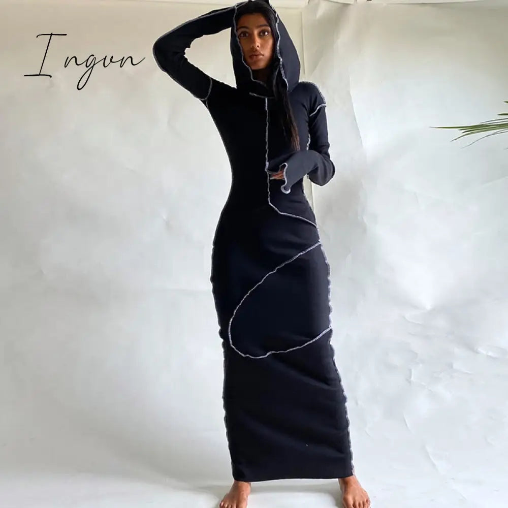 Ingvn - Long Sleeve Hooded Patchwork Skinny Maxi Dress Autumn Winter Women Fashion Streetwear Casual Outfits