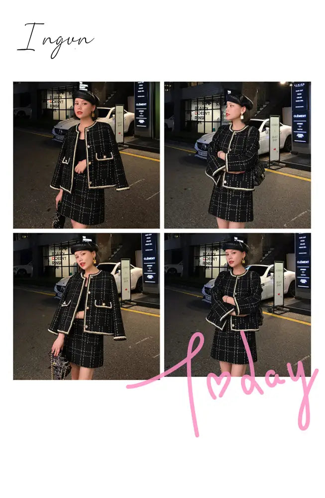 Ingvn - European Style Autumn Winter 2 Piece Set Women Short Woolen Tweed Jacket Coat & Bodycon Mini Skirt Set Women Two Piece Outfits