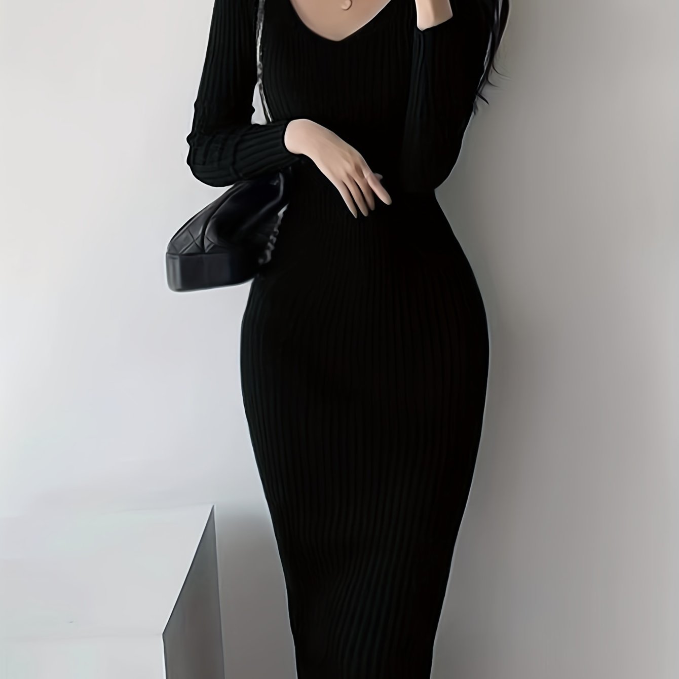 Solid Color Ribbed Long Sleeve Dress, Casual Knitted V Neck Dress For Spring & Fall, Women's Clothing