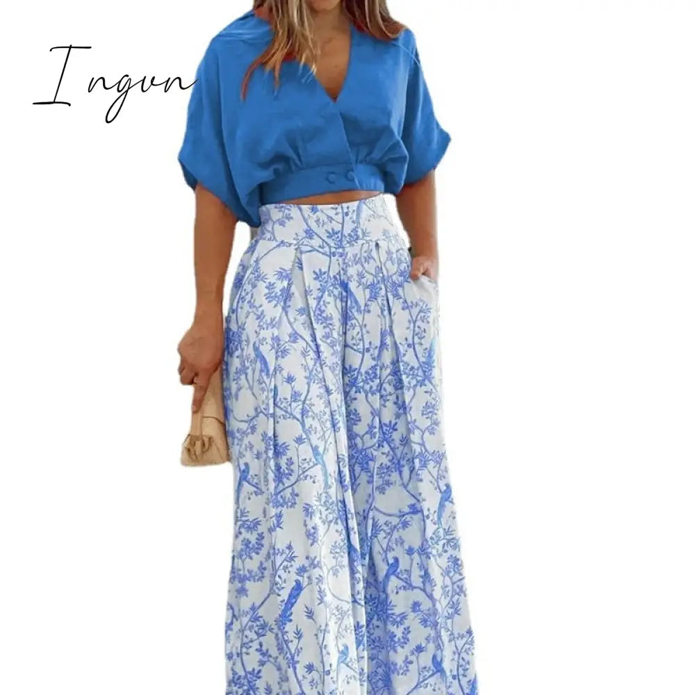 Ingvn - 2023 Fashion Summer Autumn Two Piece Sets Womens Fashion Sexy Mid Sleeve Shirt Elgant Floral Print Wide Leg Pant Suit Casual 2pcs Set Women