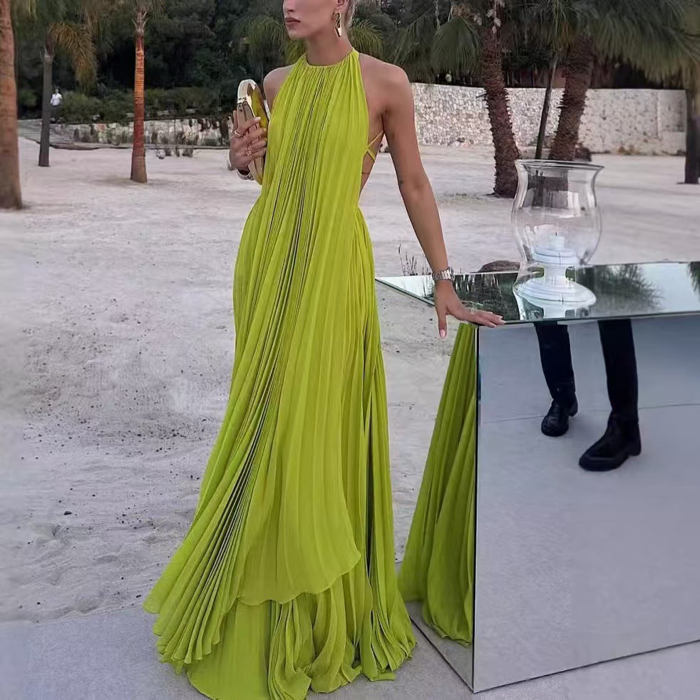 Women's Solid Color Round Neck Sleeveless Sexy Backless Beach Long Dress