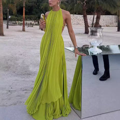 Women's Solid Color Round Neck Sleeveless Sexy Backless Beach Long Dress