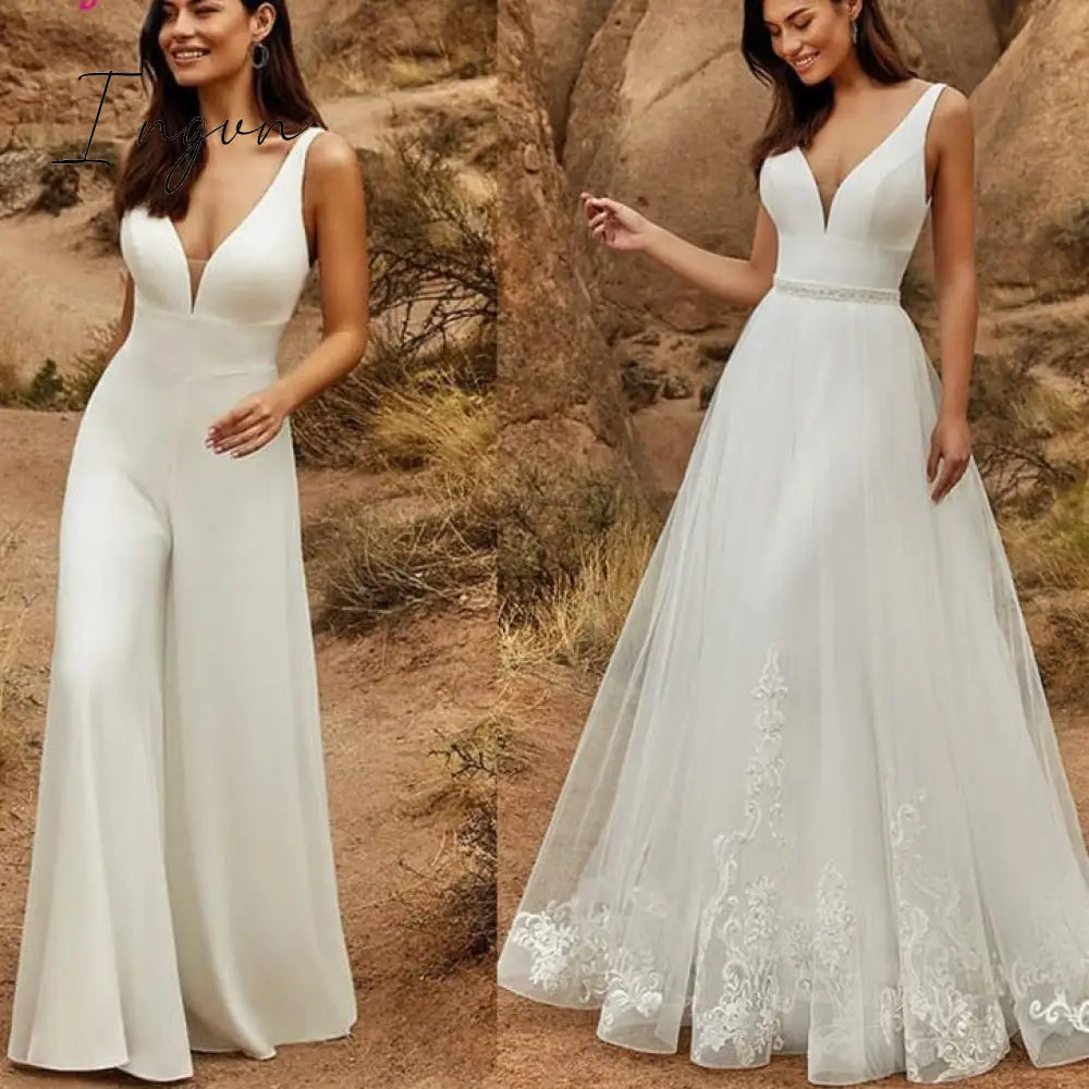 Ingvn - 2 In 1 Wedding Jumpsuit With Detachable Skirt Two Pieces Bridal Dresses Pants Suit For Women Lace Tulle V-Neck Sweep Train Gowns