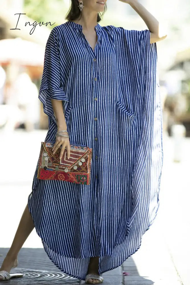 Ingvn - Casual Striped Buckle Asymmetrical Swimwears Cover Up