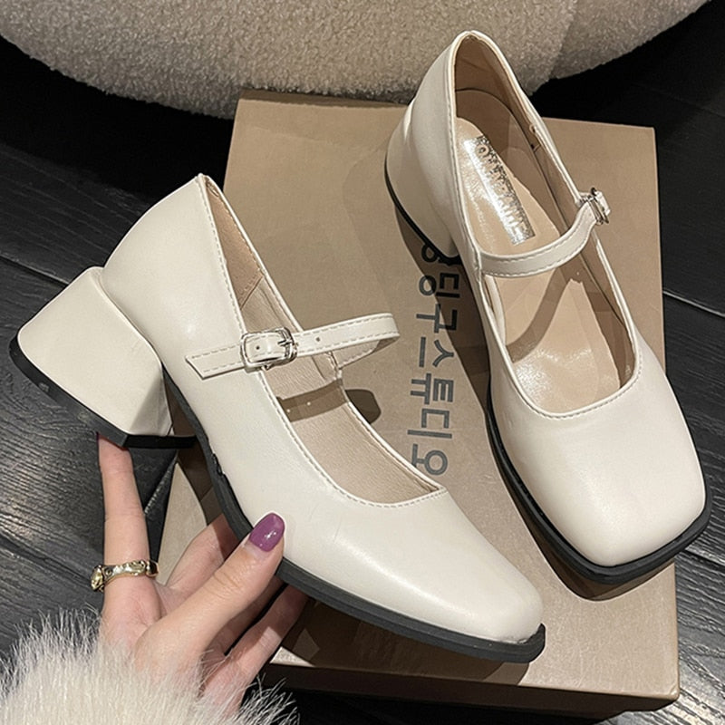 Rimocy Silver Thick Heels Mary Jane Shoes Women Buckle Strap Square Toe Pumps Woman Med Heele Patent Leather Shoes Female