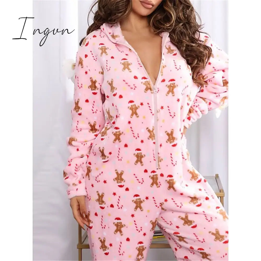 Ingvn - Women's Pajamas Jumpsuit Leopard Star Warm Comfort Plush Home Christmas Flannel Warm Breathable Hoodie Long Sleeve Pocket Fall Winter Leopard Print Moon blue