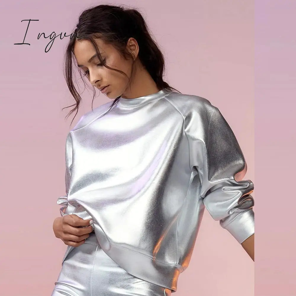 Ingvn - Women O Neck Long Sleeve Metallic Silver Pullovers Coat Sexy Casual PU Sweatshirt 2023 Spring Fall Nightclub Fairy Grunge Clothes