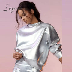 Ingvn - Women O Neck Long Sleeve Metallic Silver Pullovers Coat Sexy Casual PU Sweatshirt 2023 Spring Fall Nightclub Fairy Grunge Clothes