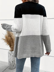 Color Block Botton Front Cardigan, Casual Cable Knit Long Sleeve Cardigan For Fall & Winter, Women's Clothing
