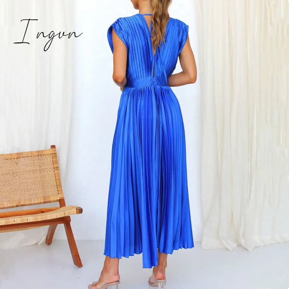 Ingvn - Spring Summer Sexy Women Dress Elegant Fashion Sleeveless V Neck Hollow Out Back Big Hem Pleated Dress