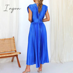 Ingvn - Spring Summer Sexy Women Dress Elegant Fashion Sleeveless V Neck Hollow Out Back Big Hem Pleated Dress