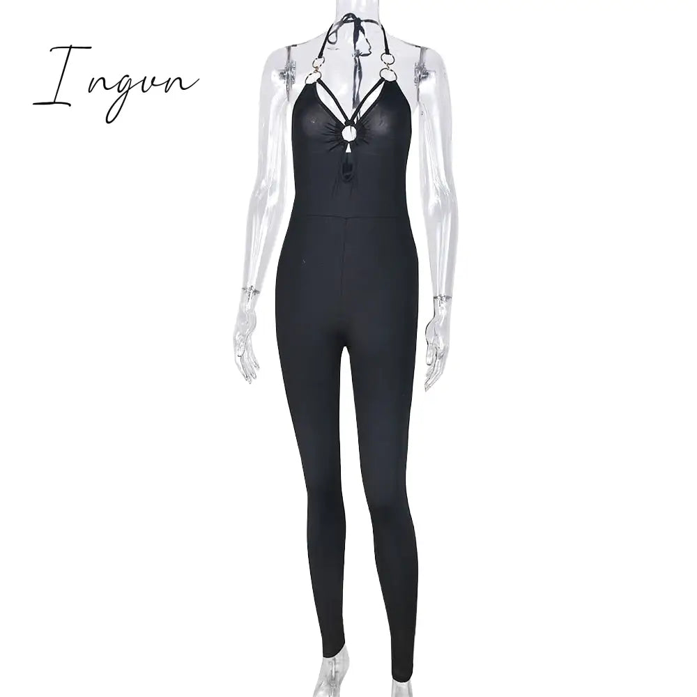 Ingvn - Sexy Halter Lace Up Backless Slim Jumpsuits Women Sleeveless Cut Out Pencil Pants One Piece Rompers 2023 Summer Elegant Clothes