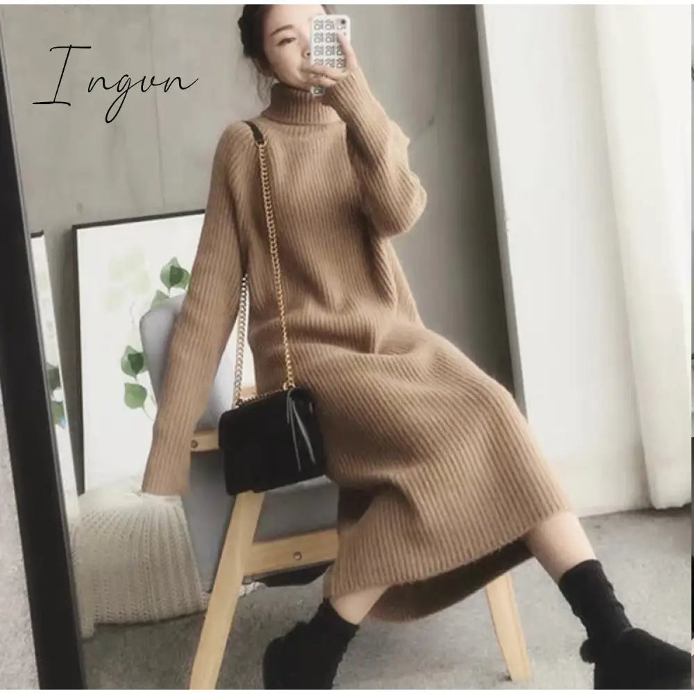 Ingvn - Turtleneck knitted sweater dress ladies fall winter elastic cashmere bottoming shirt midlength over the knee thick sweater dress