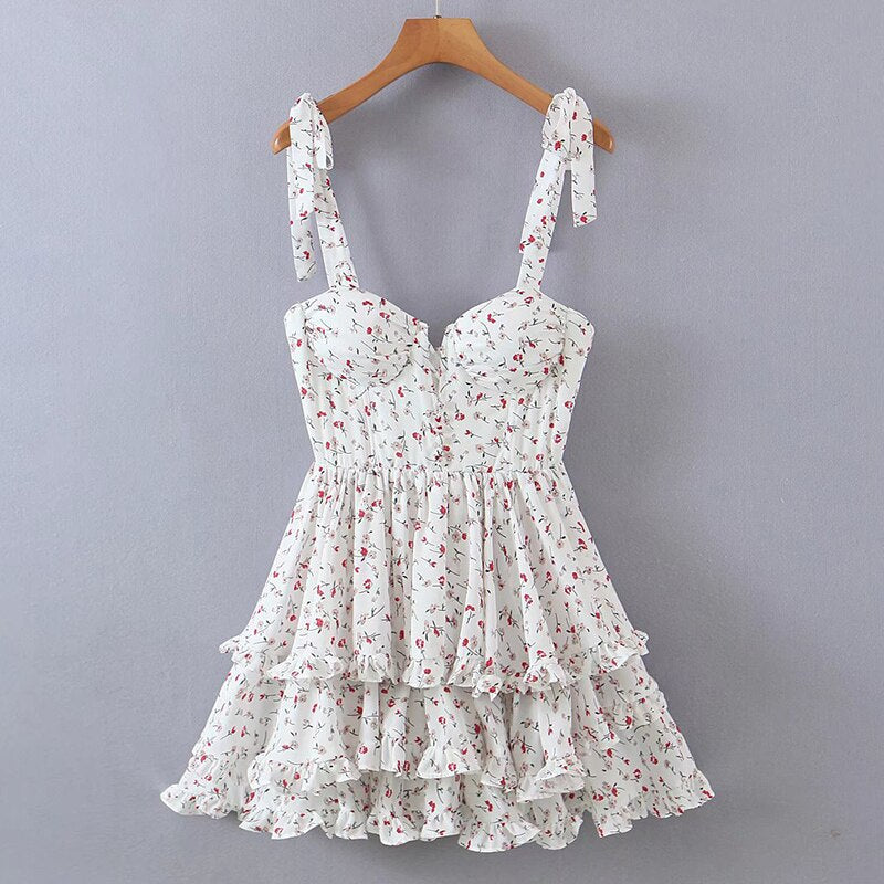 Voguable  Summer Sexy Sling Dress Women Floral Print Layer Ruffle Cake Mini Dress Sweet Ladies Holiday Party Short Robe Chic Vestido