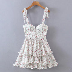 Voguable  Summer Sexy Sling Dress Women Floral Print Layer Ruffle Cake Mini Dress Sweet Ladies Holiday Party Short Robe Chic Vestido