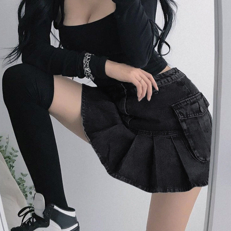 Harajuku Y2k Denim Skirt Women Dark Gothic Streetwear Mini Skirt with Skull Belt Mall Goth Punk Grunge Sexy Emo Clubwear