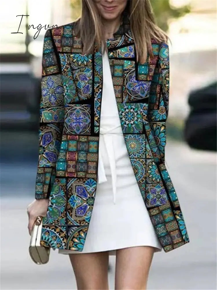 Ingvn - Relaxed Fit Printed Round Neck Long Sleeve Coat