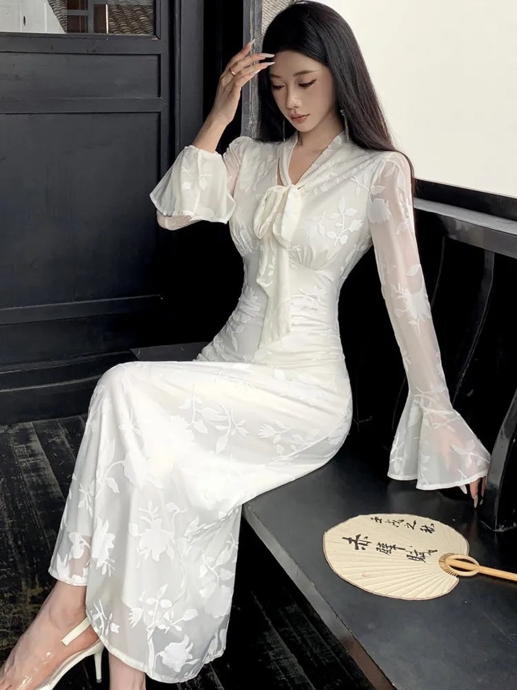 Elegant Flare Sleeve Long Dresses for Women New Autumn V-Neck Slim Wedding Runway Party Lace Vestidos Vintage Clothing Long Robe