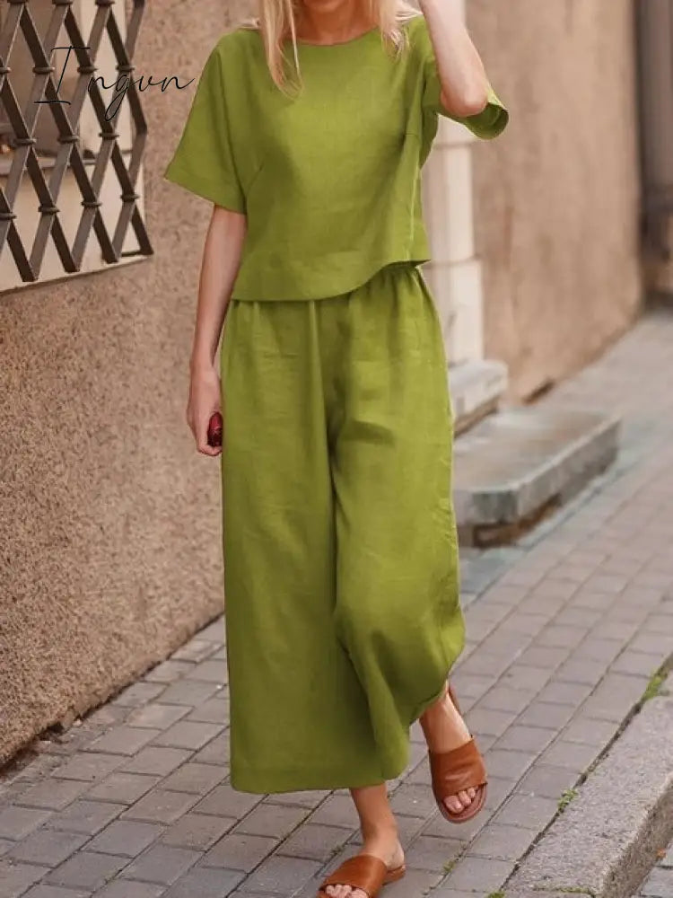 Ingvn - Plus Size 5XL Cotton Women's Pantsuit Suit Loose O-neck Top Wide-leg Trouser Suits Female Spring Fashion Casual Set Ladies