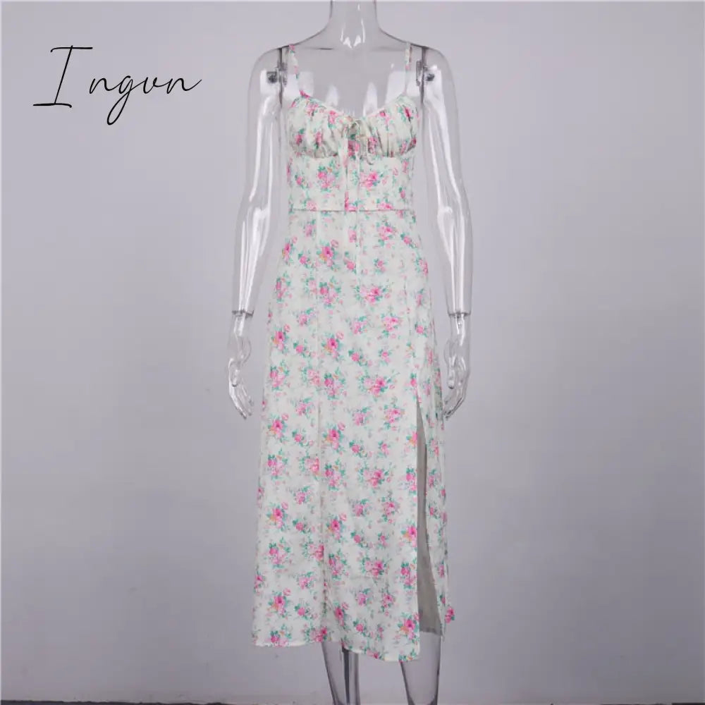 Ingvn - Wine Floral Dress Women Prairie Chic Spaghetti Straps Backless Chest Draped Lace Up Side Split Sexy Long Dresses