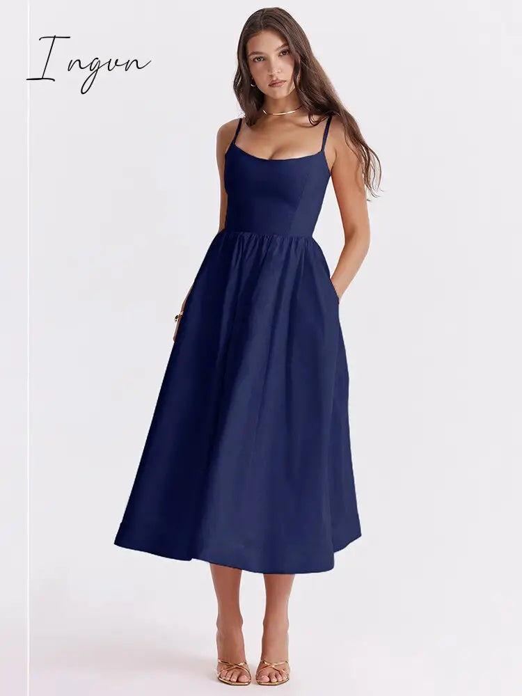 Ingvn - Elegant A-line Loose Midi Dress Women Gown Spaghetti Strap Sleeveless Backless French Retro Sexy Long Dress Vestidos