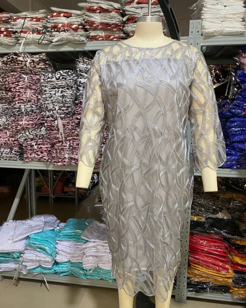 Ingvn - Summer Women Lace Slim Patchwork Party Dress Office Ladies Round Neck Flare Sleeve Stretch Bodycon Plus Size Dresses