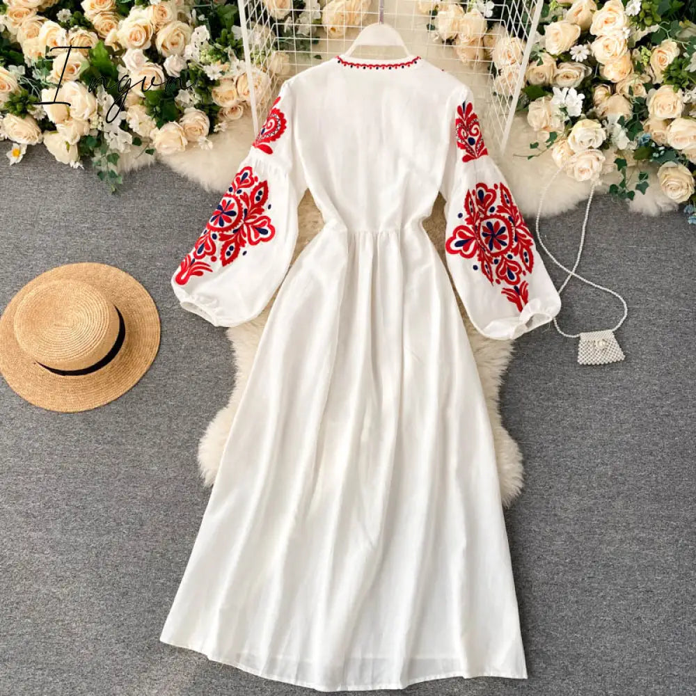 Ingvn - Women Autumn Dresses Bohemian Embroidered Flower O-Neck Lantern Sleeve High Waist Pleated Dress All-match Female Vestidos GK393