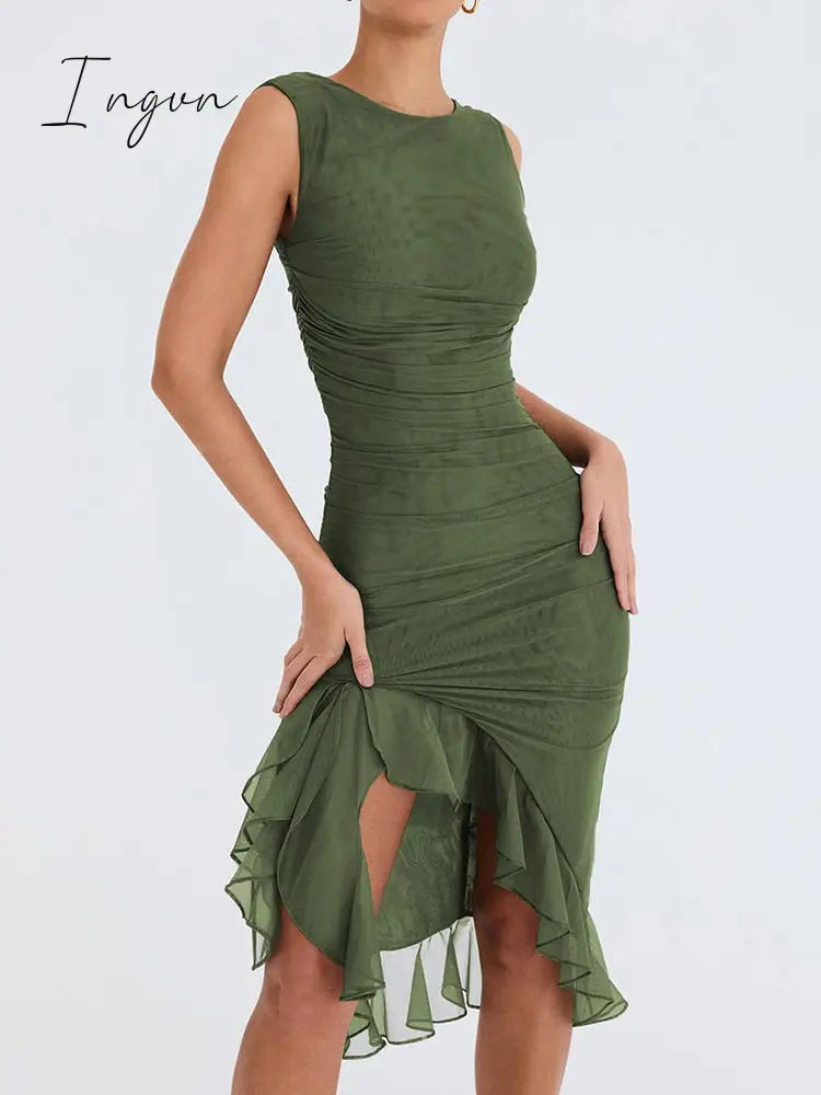 Ingvn - Elegant Ruffle Ruched Midi Dress For Women Robe Summer New Backless Sleeveless Irregular Club Party Sexy Dress Vestido