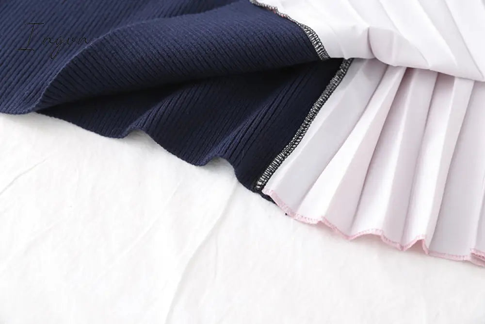 Ingvn - Autumn Winter Elegant Knitted Patchwork Gradient Pink Pleated Dress Women Long Sleeve Office One-Piece Sweater Dress With Belt