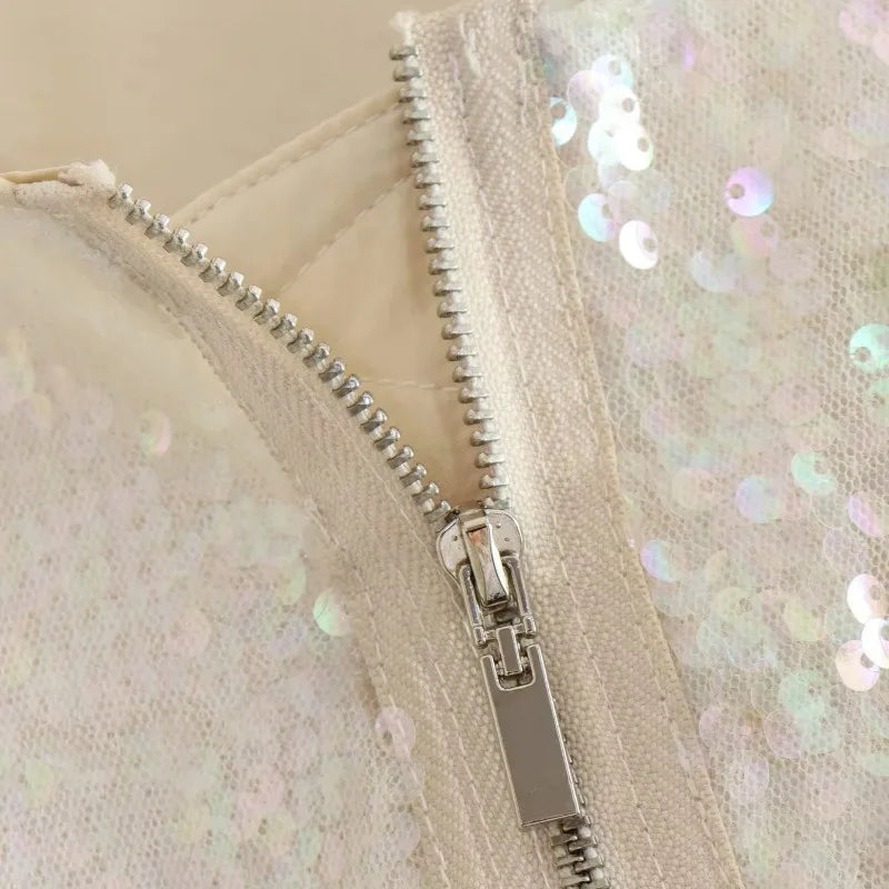 Ingvn  O-neck Sequins Bomber Jackets for Women Autumn Fashion Zip-up Long Sleeve White Coats Streetwear Female Tops Outerwears
