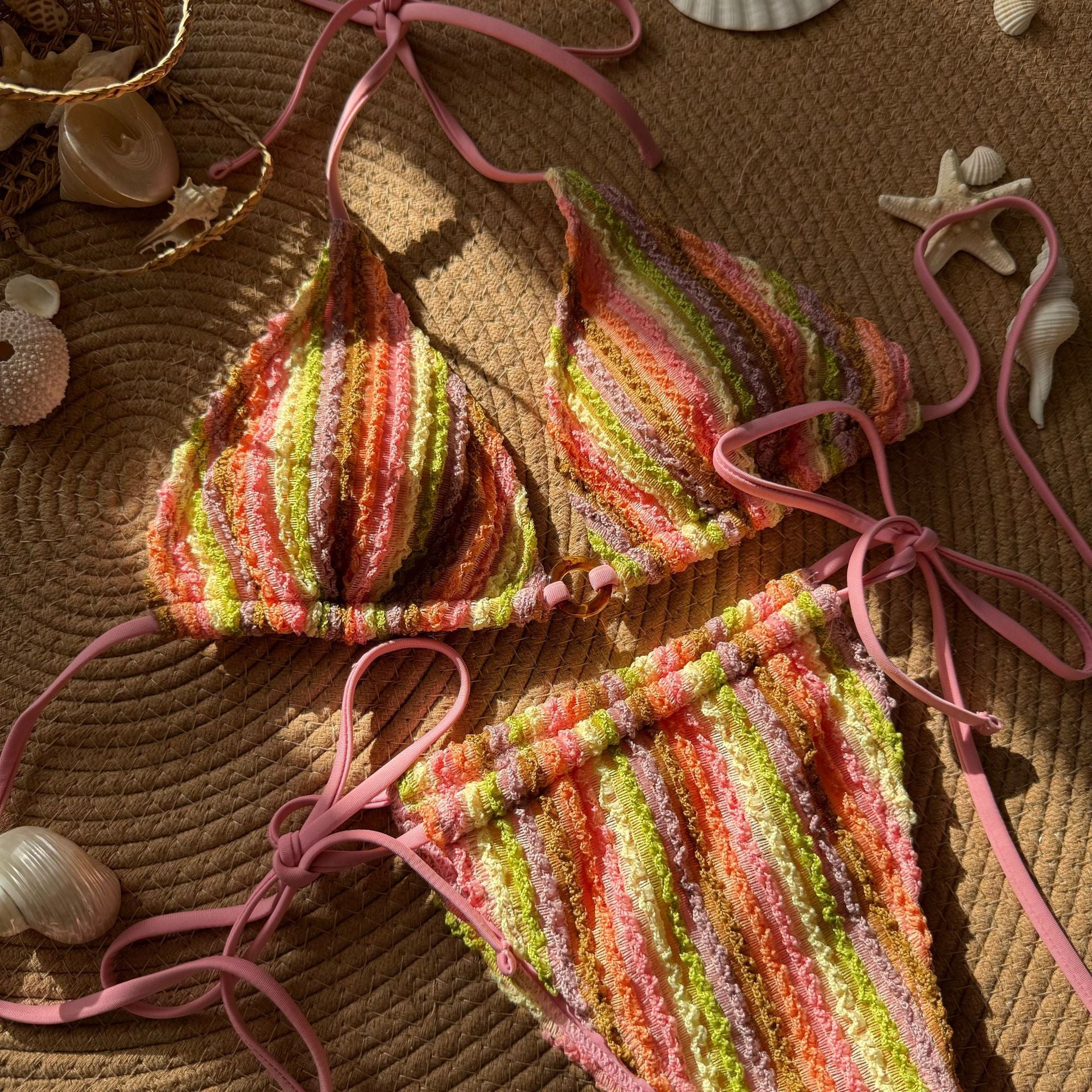 New Color-matching Jacquard Sexy Drawstring Strap Swimwear Swimsuit Bikini